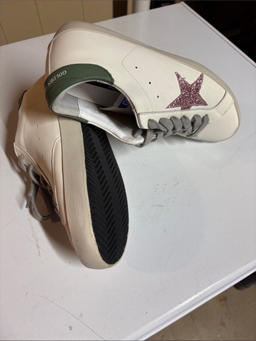 Golden Goose Style White Leather Sneakers with Green Heel and Pink Glitter Star